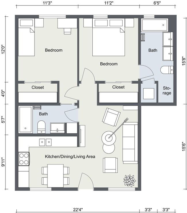 2 beds  2.5 baths (980 sqft) 103 floor plan